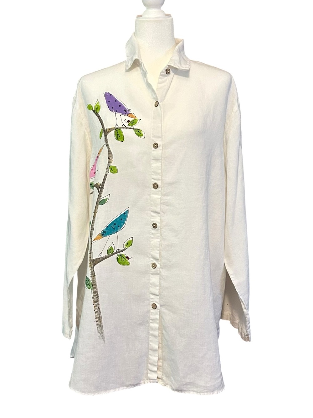 Spirit Activewear Linen Button Down Tunic Top with Botanical Bird Tree Print